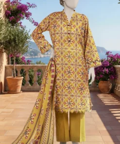 MTJ Printed Lawn 3pc Yellow Unstitched