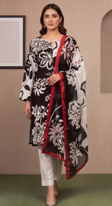      Khaadi Lawn 3pc Unstitched Printed black and white